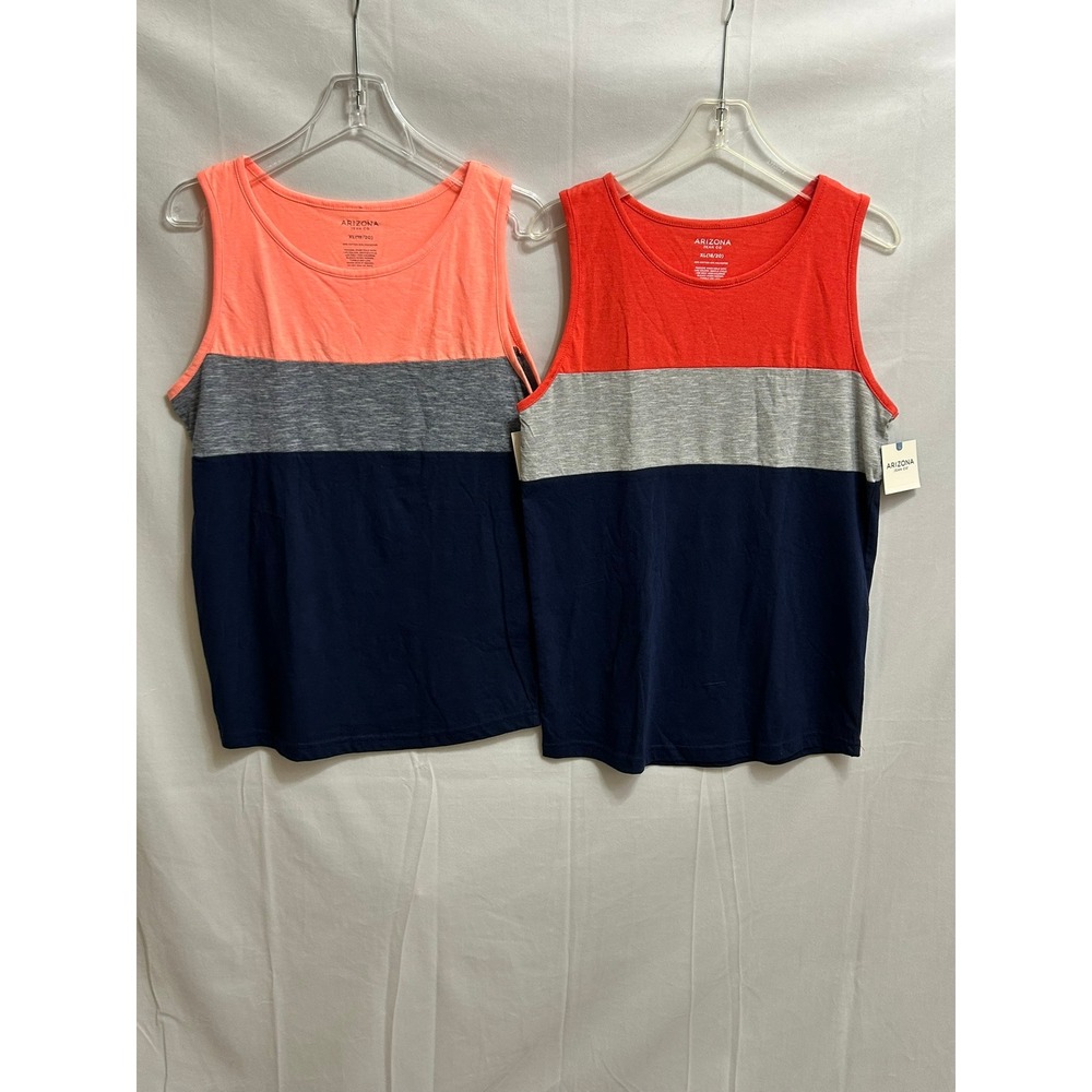Arizona Jean Co Mens XL 18/20 Tank Top 2 Pack Colorblock Coral Red Navy Grey NEW